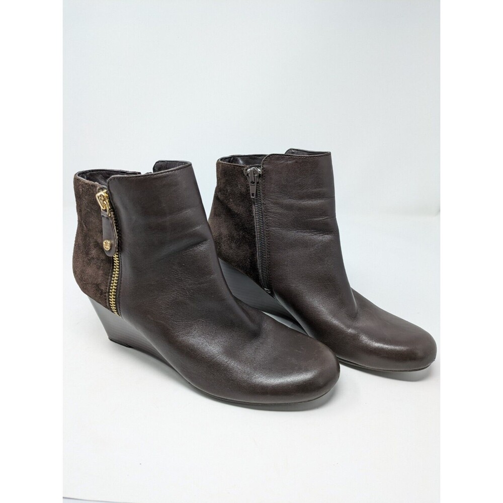 Isaac Mizrahi Live! Leather & Suede Wedge Ankle Boots Booties Coffee Brown 8M